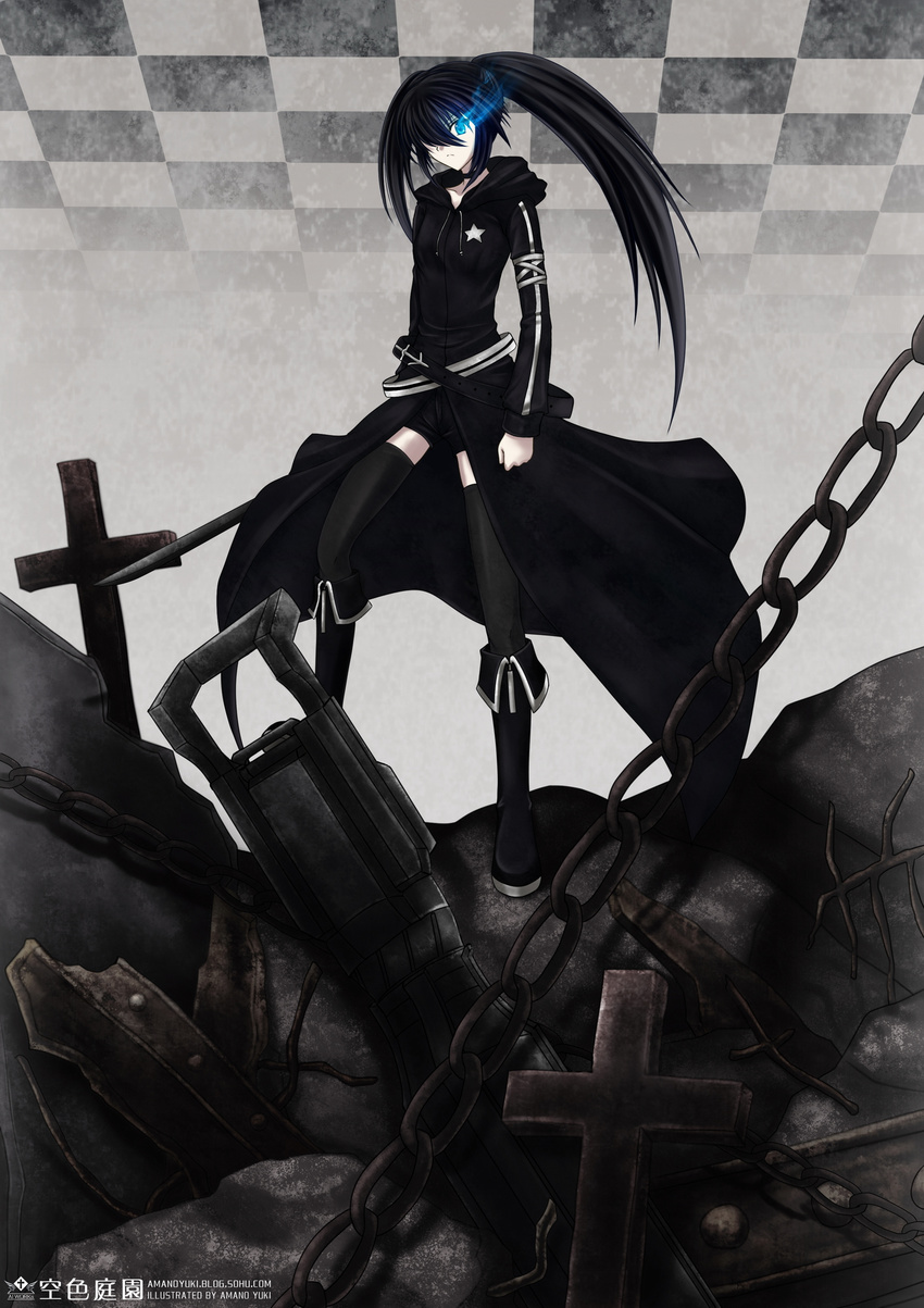 alternate_costume amano_yuki black_footwear black_hair black_legwear black_rock_shooter black_rock_shooter_(character) blue_eyes boots burning_eye chain cross hair_over_one_eye highres knee_boots long_hair looking_at_viewer short_shorts shorts solo star thighhighs twintails