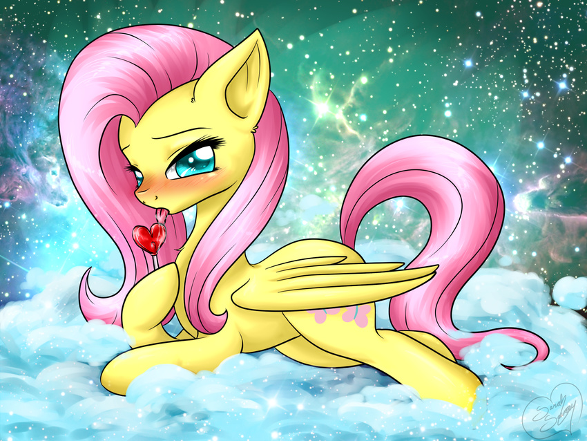 cloud clouds cutie_mark cyan_eyes dragongirl983 equine feathers female feral fluttershy_(mlp) friendship_is_magic fur hair horse inviting licking long_hair looking_at_viewer lying mammal my_little_pony pegasus pink_hair pony popsicle saliva seductive snow solo tongue tongue_out wings yellow_fur