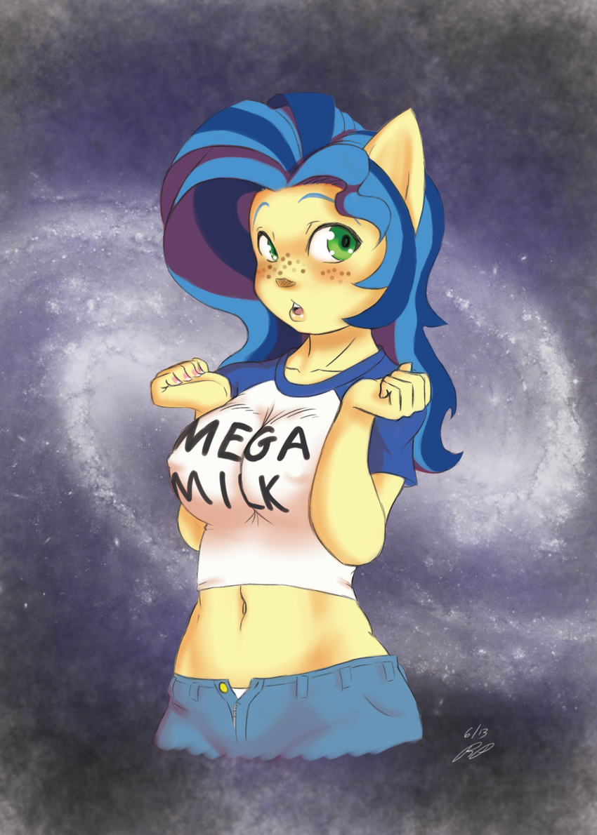 anthro blue_hair english_text equine female freckles friendship_is_magic green_eyes hair horse mammal milky_way_(character) my_little_pony open_mouth pony text the-unicorn-lord tongue two_tone_hair