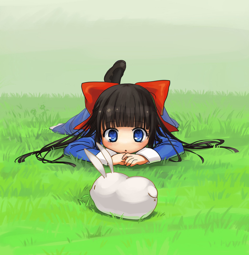 aya_drevis black_hair bloodtea blue_eyes bow bunny eating grass grazing_(livestock) hair_bow highres long_hair mad_father snowball_(mad_father) solo