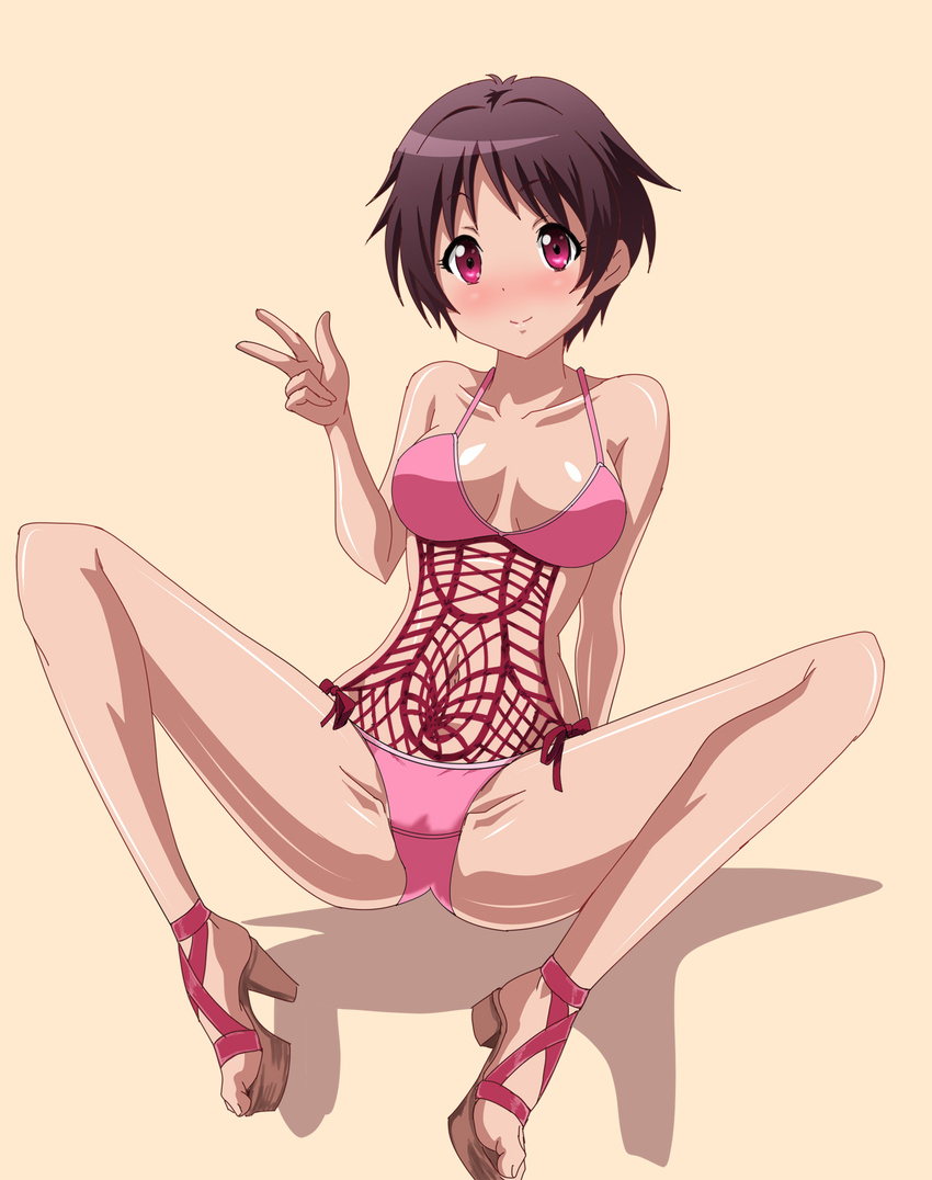 bikini black_hair blush chuunibyou_demo_koi_ga_shitai! high_heels highres mizutani_rin open_toe_shoes red_eyes shoes short_hair silk solo spider_web spread_legs swimsuit tsuyuri_kumin v