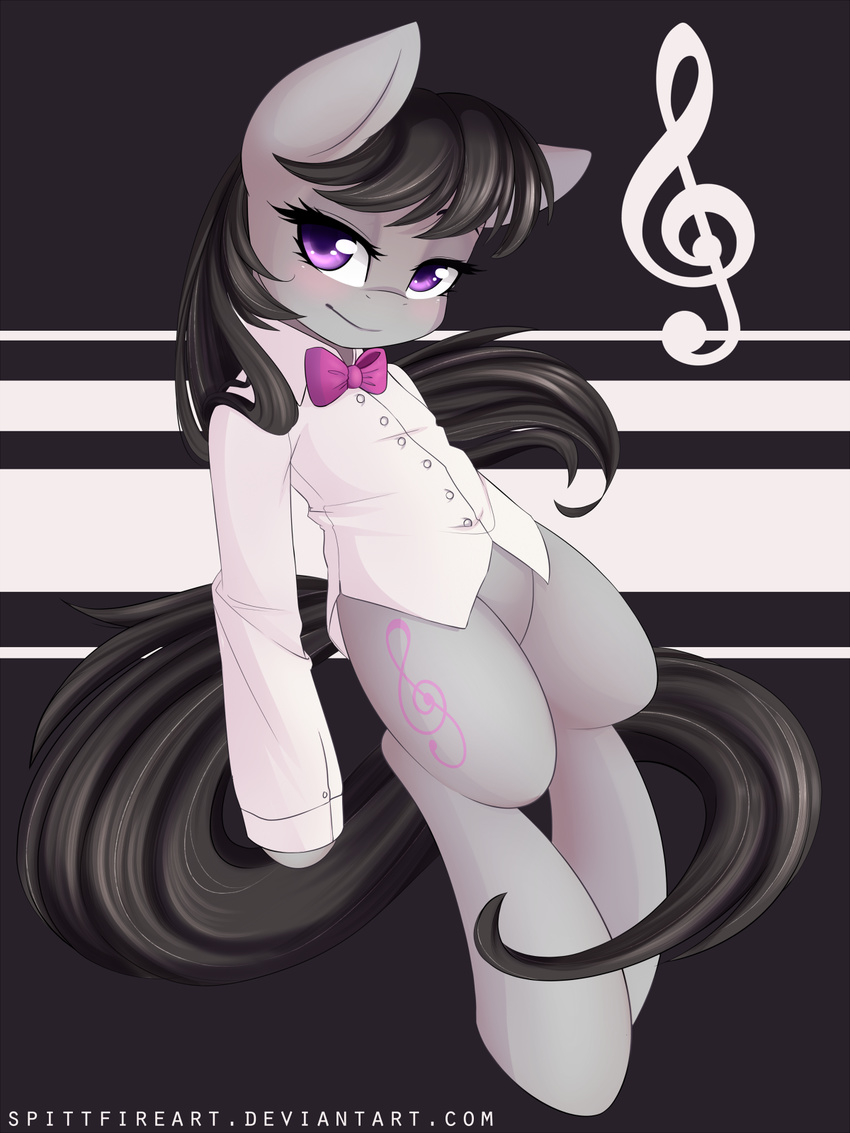 black_hair blush bow_tie clothing cutie_mark equine female feral friendship_is_magic hair horse long_hair looking_at_viewer mammal musical_note my_little_pony octavia_(mlp) pony purple_eyes shirt simple_background solo spittfire