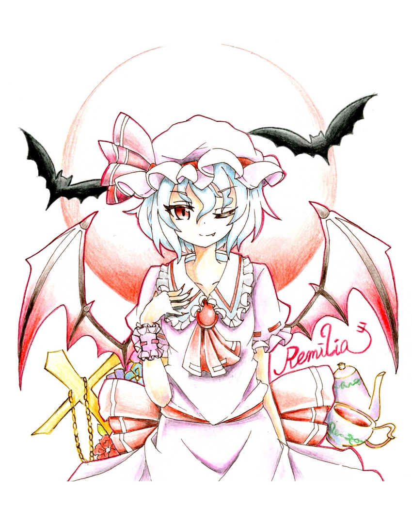 ascot bat bat_wings bow character_name collarbone cross cup eyelashes fingernails flower full_moon gokuu_(acoloredpencil) hand_on_own_chest hat hat_ribbon highres looking_at_viewer moon nail_polish one_eye_closed outline red_eyes remilia_scarlet ribbon sharp_fingernails short_hair short_sleeves smile solo teacup teapot touhou traditional_media white_background white_hair wings wrist_cuffs