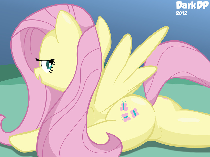 butt cutie_mark darkdp equine female feral fluttershy_(mlp) friendship_is_magic fur green_eyes hair horse long_hair looking_back lying mammal my_little_pony on_stomach outside pegasus pink_hair pony raised_tail solo wings yellow_fur