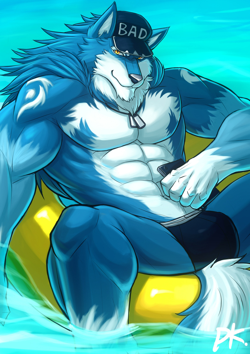 anthro biceps black_nose blue_fur bulge canine claws dog_tags drks fur grin hat looking_at_viewer male mammal muscles pecs phone pose sitting smile solo speedo spread_legs spreading swimsuit toned topless underwear water wet white_fur wolf yellow_eyes