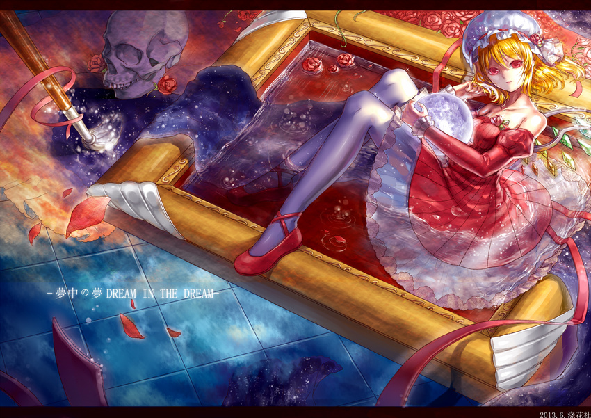 2013 alternate_costume art_brush artist_name bangs bare_shoulders blonde_hair crystal_ball dated detached_sleeves dress flandre_scarlet flower hat holding jiao_huashe juliet_sleeves knees_up letterboxed light_smile long_sleeves looking_at_viewer mob_cap older paintbrush pantyhose partially_submerged petals picture_frame puffy_sleeves red_dress red_eyes red_flower red_footwear red_rose ribbon ripples rose shawl shoes short_hair sitting skull solo strapless strapless_dress tiles touhou white_legwear wings