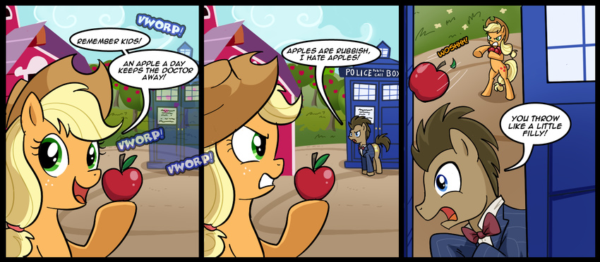 apple applejack_(mlp) blue_eyes bow_tie brown_fur brown_hair building clothed clothing comic cutie_mark dialog doctor_whooves_(mlp) english_text equine female feral flower friendship_is_magic fruit fur green_eyes hair hat horse humor madmax male mammal my_little_pony open_mouth orange_fur phone_booth pony pun text tree wood