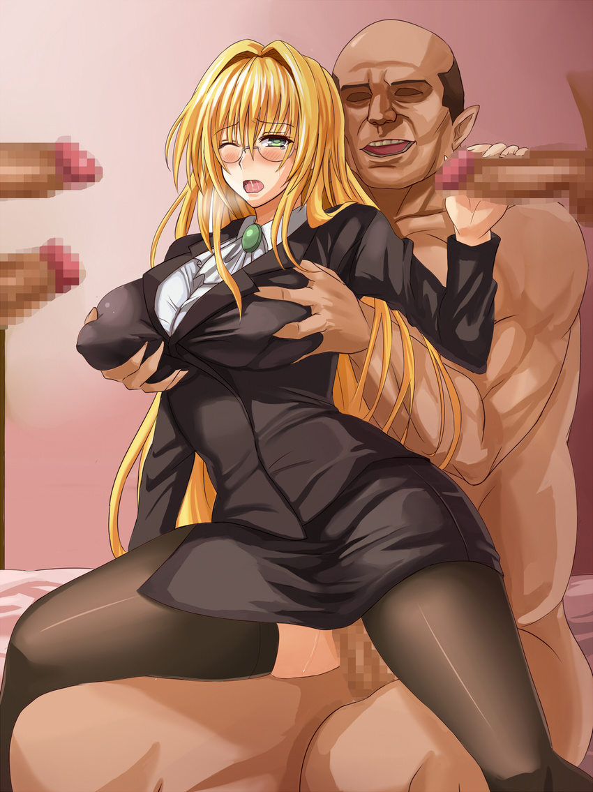 1girl bald bed blonde_hair blush breast_grab breasts censored formal gangbang glasses grabbing green_eyes group_sex handjob highres huge_breasts kokyu_no_heya legs long_hair looking_at_viewer open_mouth penis saliva sex sitting sitting_on_person skirt suit tearju_lunatique thighhighs thighs to_love-ru to_love-ru_darkness vaginal wince