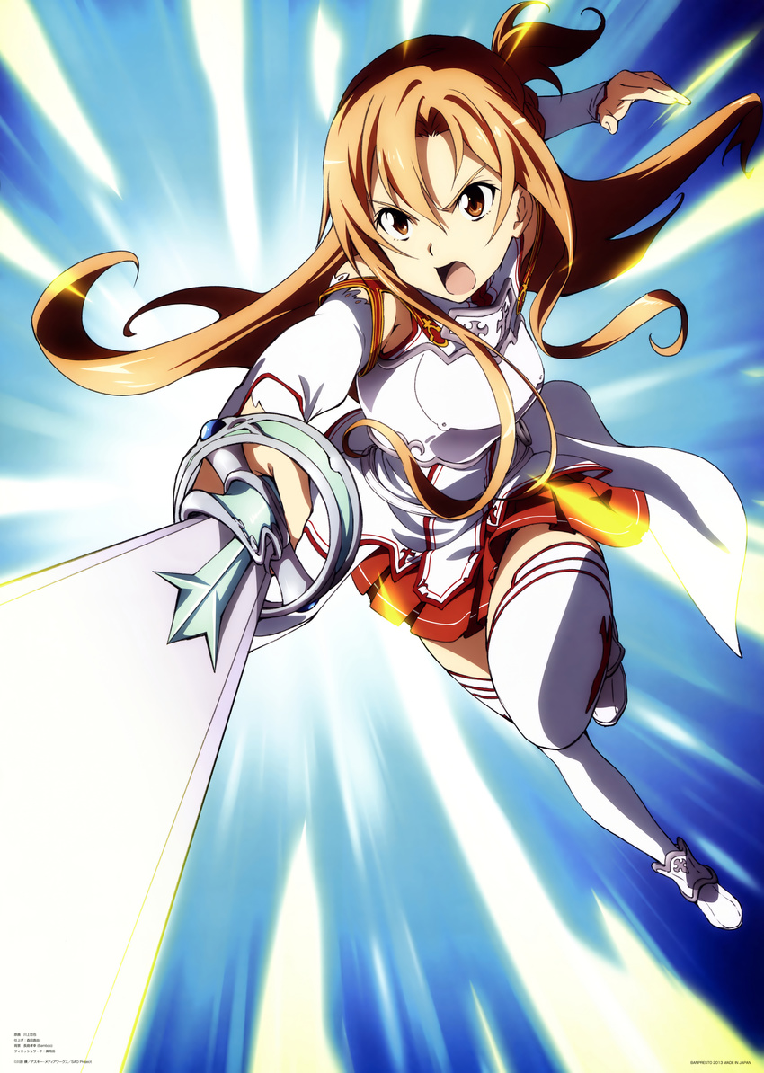 absurdres asuna_(sao) breastplate brown_eyes brown_hair detached_sleeves highres holding holding_sword holding_weapon huge_filesize kawakami_tetsuya long_hair open_mouth pleated_skirt red_skirt skirt solo sword sword_art_online thighhighs weapon white_legwear