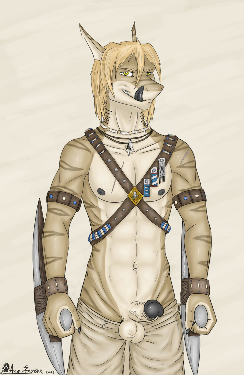 abs ace_stryker anthro balls biceps blonde_hair chest clothing erection fish hair harness looking_at_viewer male marine medieval military necklace nipples pants partially_clothed penis scar shark smile soldier solo standing stripes toned tongue weapon yellow_eyes