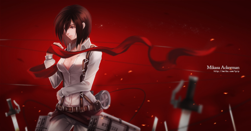 breasts brown_eyes brown_hair cable cleavage collared_shirt crying field_of_blades highres mikasa_ackerman open_clothes open_shirt planted_sword planted_weapon red_background red_scarf scarf shingeki_no_kyojin shirt short_hair solo sword tears three-dimensional_maneuver_gear tpip_(aixuan) weapon white_shirt
