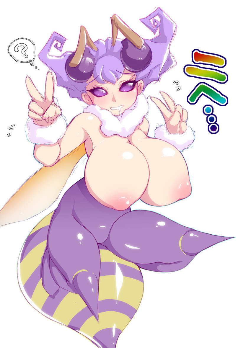 antennae bare_shoulders bee_girl breasts highres huge_breasts insect_girl monster_girl nipples noise pantyhose puffy_nipples purple_eyes purple_hair q-bee short_hair simple_background smile solo v vampire_(game) white_background