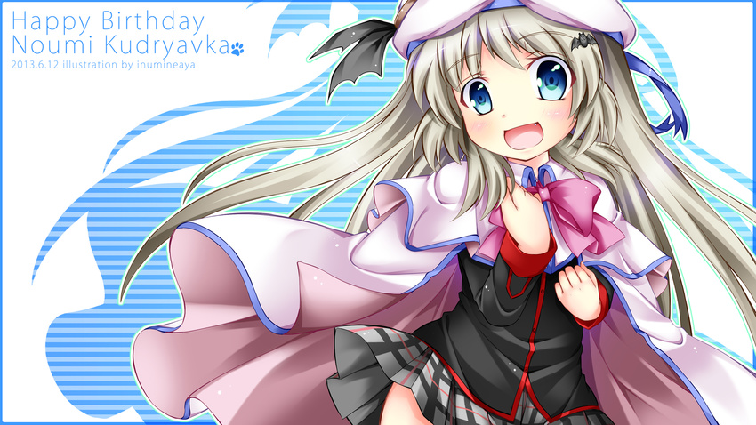 blue_eyes bow cape fang hat highres inumine_aya little_busters! long_hair noumi_kudryavka pink_bow plaid plaid_skirt school_uniform silver_hair skirt