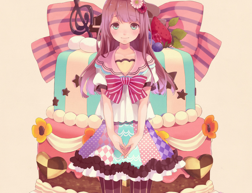 aqua_eyes argyle bad_id bad_pixiv_id blueberry booota bow cake flower food fruit hair_flower hair_ornament hands_clasped interlocked_fingers long_hair original own_hands_together pantyhose polka_dot purple_hair raspberry solo strawberry striped striped_legwear treble_clef vertical-striped_legwear vertical_stripes