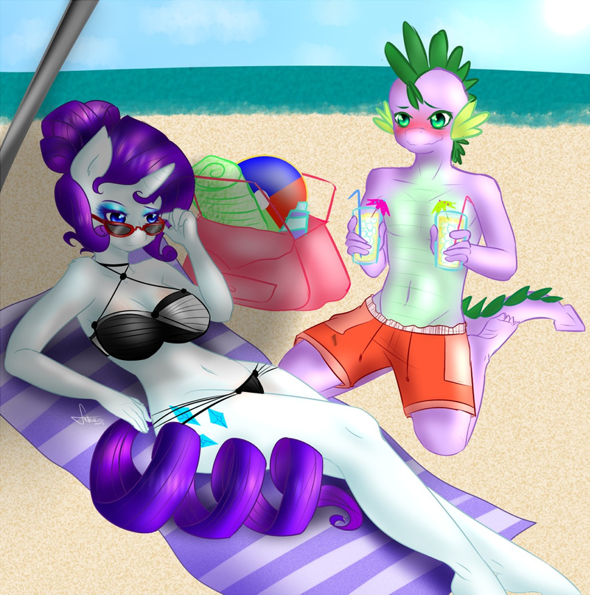 anthro anthrofied bag beach beach_ball bikini blue_eyes blush breasts cleavage clothed clothing cup cutie_mark dragon duo equine eyeshadow eyewear female friendship_is_magic fur glasses green_eyes hair horn horse kneeling lying makeup male mammal mrfatcakes my_little_pony navel on_back outside pants pony purple_body purple_hair rarity_(mlp) sand scalie sea seaside shorts spike_(mlp) sunglasses swimsuit tight_clothing topless towel unicorn water white_fur