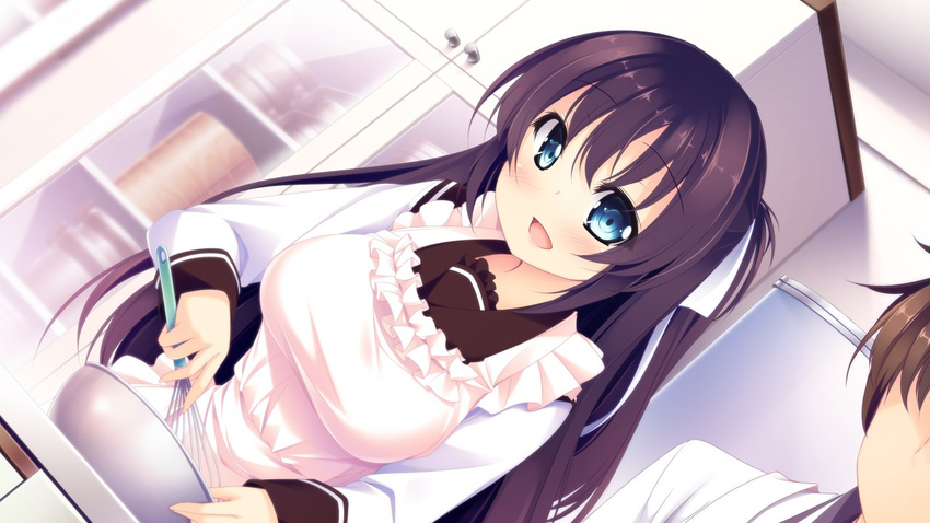 1girl apron blue_eyes blush breasts cooking game_cg happy highres kazakura kitchen koi_shiyo? large_breasts long_hair looking_at_viewer open_mouth purple_hair school_uniform smile