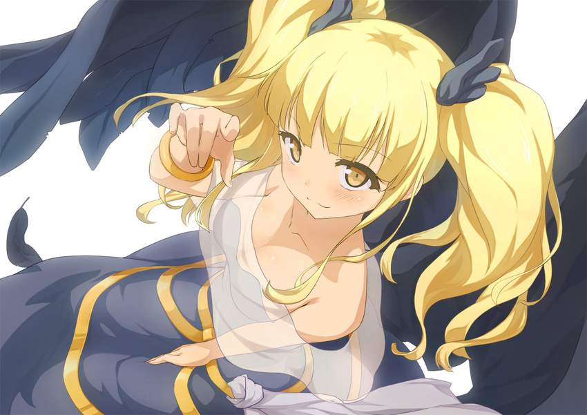 bangs bare_shoulders black_wings blonde_hair breasts cleavage dress fallen_angel_(shikihime_zoushi) from_above head_tilt jewelry looking_up medium_breasts pointing shikihime_zoushi shinonome_haru smile twintails wings yellow_eyes