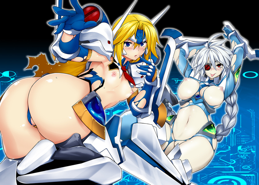 :p alternate_breast_size arm_blade ass blazblue blazblue:_continuum_shift blonde_hair bodysuit braid breasts elbow_gloves eyepatch flat_chest forehead_protector gloves large_breasts leotard long_hair looking_at_viewer mecha_musume mu-12 multiple_girls navel nipples nu-13 puffy_nipples pussy red_eyes single_braid sweatdrop tanabe_(studio_tiamat) tongue tongue_out torn torn_bodysuit torn_clothes torn_leotard very_long_hair weapon white_hair