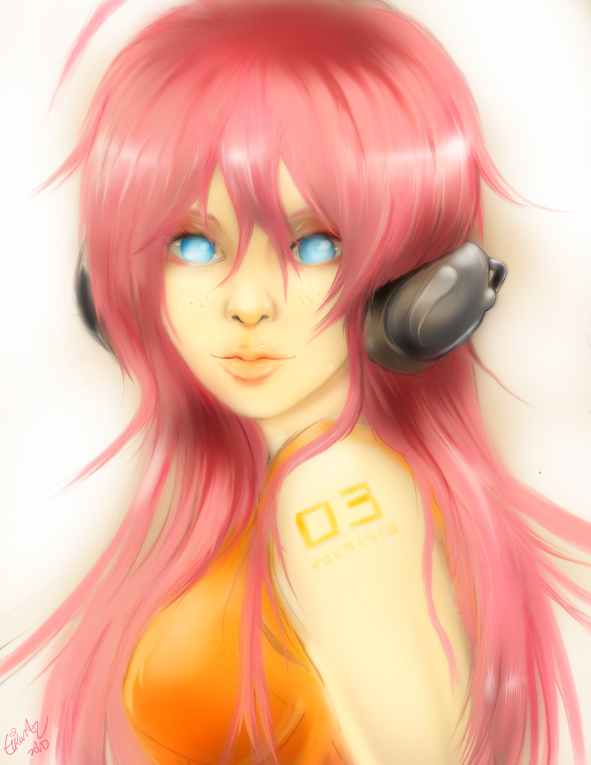 absurdres ahoge blue_eyes breasts eyelashes freckles headphones highres large_breasts lips long_hair megurine_luka nose pink_hair solo tattoo tikantz vocaloid