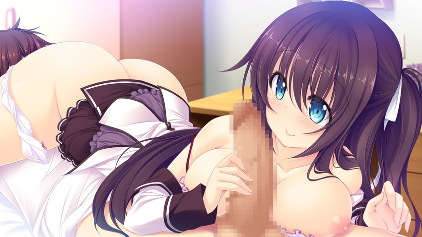 1girl 69 areolae ass blue_eyes blush bra breast_press breasts censored erection game_cg handjob highres kazakura koi_shiyo? large_breasts legs long_hair lying nipples oral panties panties_around_leg penis purple_hair school_uniform side_ponytail skirt smile thighs underwear