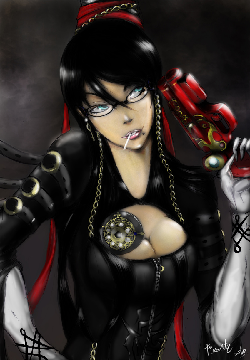 absurdres bayonetta bayonetta_(character) beehive_hairdo black_hair blue_eyes bodysuit breasts candy chain cleavage cleavage_cutout earrings elbow_gloves food glasses gloves gun hair_ribbon handgun highres jewelry large_breasts lips lipstick lollipop long_hair makeup mole mole_under_mouth mouth_hold ribbon signature slender_waist solo tikantz very_long_hair weapon white_gloves