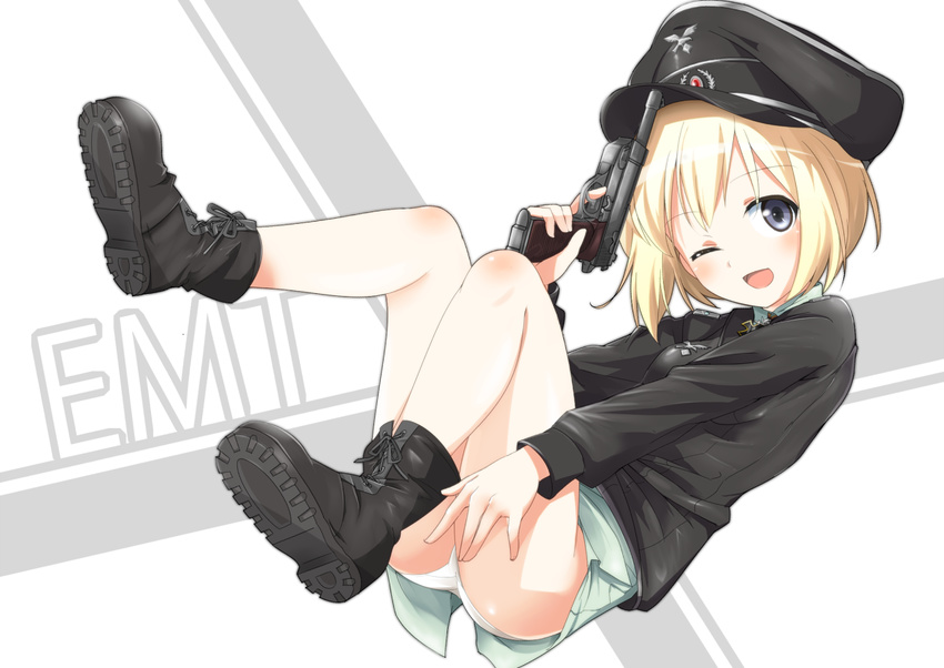 ;d black_eyes blonde_hair boots erica_hartmann gun handgun hat mobu one_eye_closed open_mouth panties pistol smile solo strike_witches thighs underwear uniform walther walther_p38 weapon white_panties world_witches_series