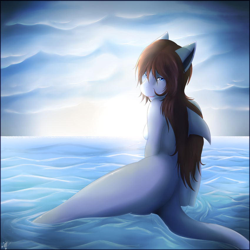 anthro aquatic blue_eyes breasts butt cetacean dolphin female fins hair looking_at_viewer mammal marine nude otterbits smile solo water