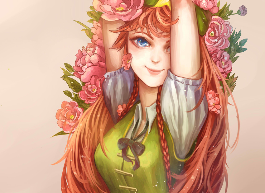 arms_up bad_id bad_pixiv_id blue_eyes braid covering_one_eye eyelashes flower haggy_lagman hair_flower hair_ornament hat highres hong_meiling lips long_hair looking_at_viewer nose peony_(flower) pink_background red_flower red_hair red_rose ribbon rose short_sleeves simple_background smile solo star touhou twin_braids vest