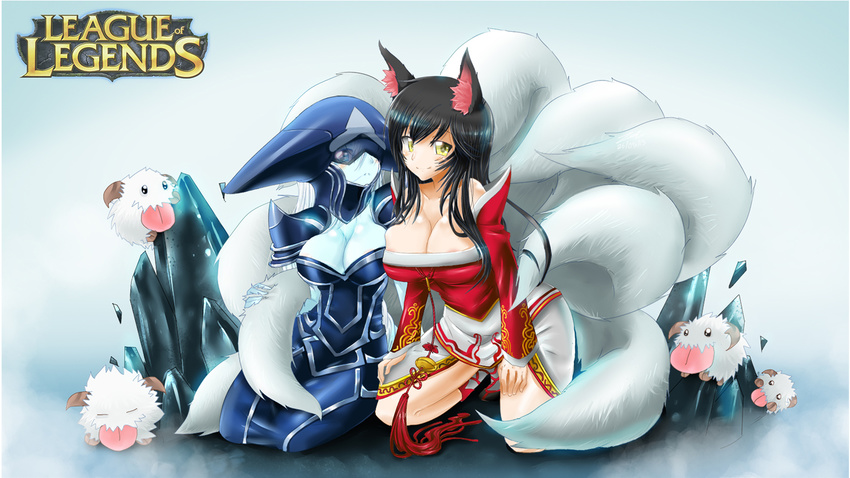 2girls ahri animal_ears areola_slip areolae bare_shoulders blue_eyes blue_skin breasts cleavage fox_ears fox_tail highres league_of_legends lissandra long_hair multiple_girls multiple_tails sollyz tail very_long_hair white_hair yellow_eyes