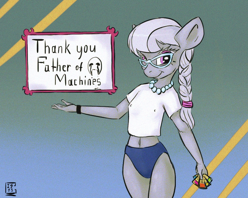 anthro anthrofied clothing english_text equine eyewear female friendship_is_magic gela-g-i-s-gela gis glasses grey_hair hair horse mammal my_little_pony necklace nipple_bulge pony silver_spoon_(mlp) solo text young