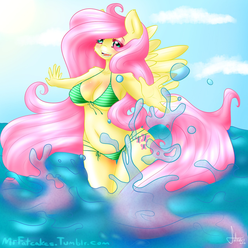 anthro anthrofied bikini blue_eyes cleavage clothed clothing cloud clouds cutie_mark equine female fluttershy_(mlp) friendship_is_magic fur green_eyes hair horse in_water long_hair looking_at_viewer mammal mrfatcakes my_little_pony navel open_mouth outside pegasus pink_hair pony sea sky solo swimsuit tight_clothing water wings yellow_fur