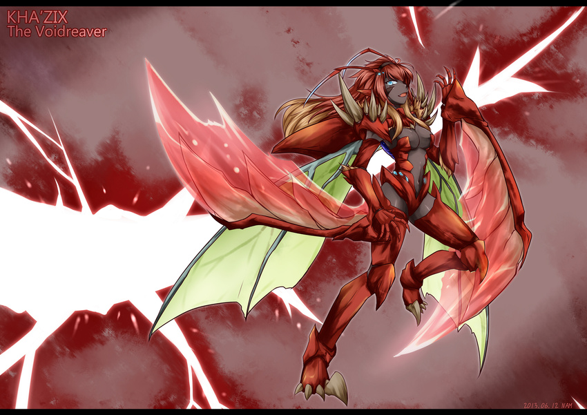 antennae armor bikini_armor blue_eyes breasts claws cleavage dark_skin electricity facial_mark fang genderswap genderswap_(mtf) hairband highres insect_girl kha'zix league_of_legends long_hair medium_breasts monster_girl multicolored_hair nam_(valckiry) personification scythe shoulder_plates solo spikes two-tone_hair wings