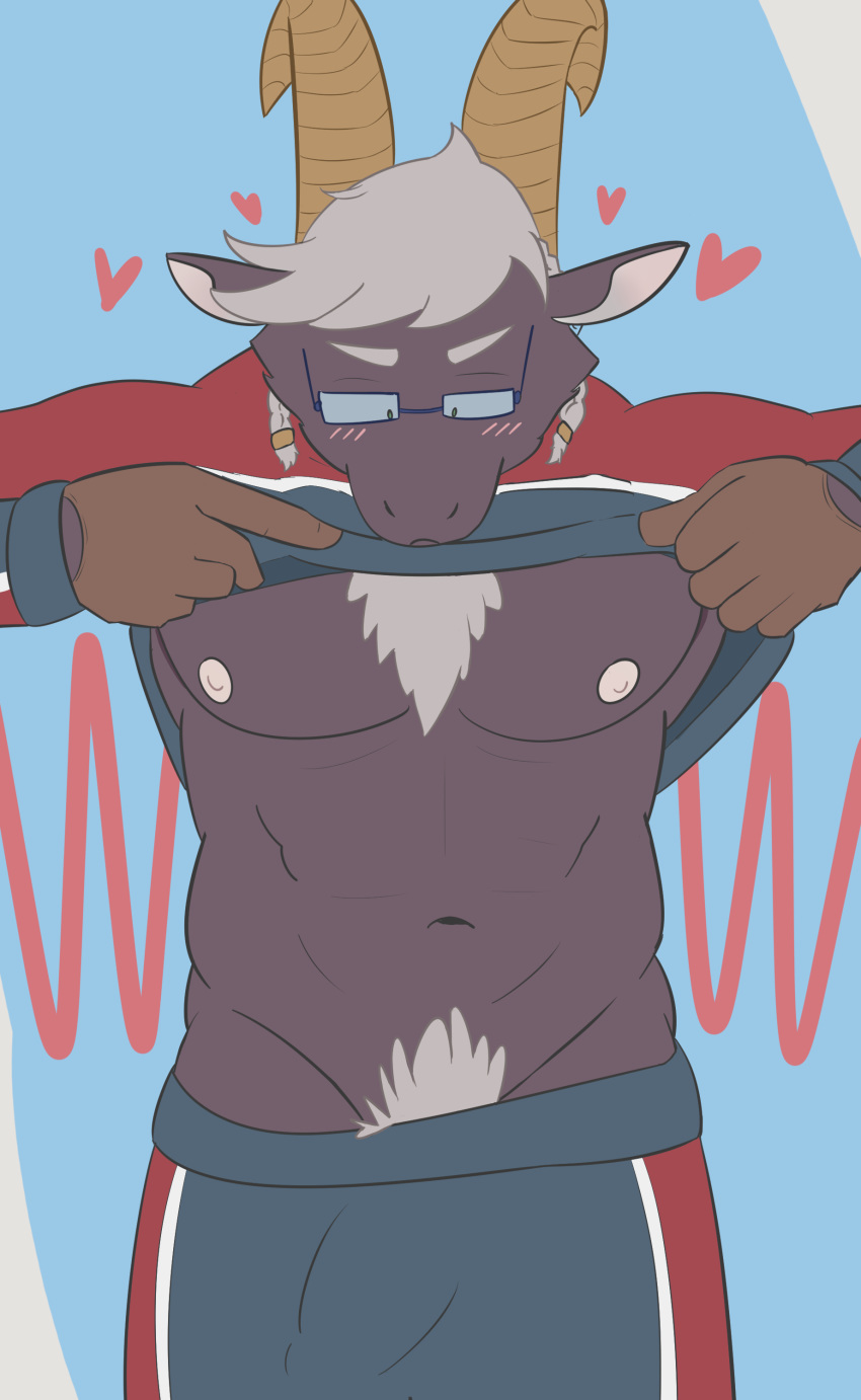 2018 anthro belly black_fur blumb braided_hair caprine clothing eyewear fur glasses goat hair horn male mammal muscular muscular_male nipples pecs presenting simple_background solo tanngrisnir_(tas) tokyo_afterschool_summoners white_hair