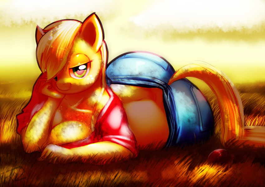 anthro anthrofied applejack_(mlp) big_breasts big_butt blonde_hair breasts butt cleavage clothed clothing equine female freckles friendship_is_magic green_eyes hair horse huge_butt looking_at_viewer lying mammal my_little_pony on_side outside pony seductive solo trinity-fate62