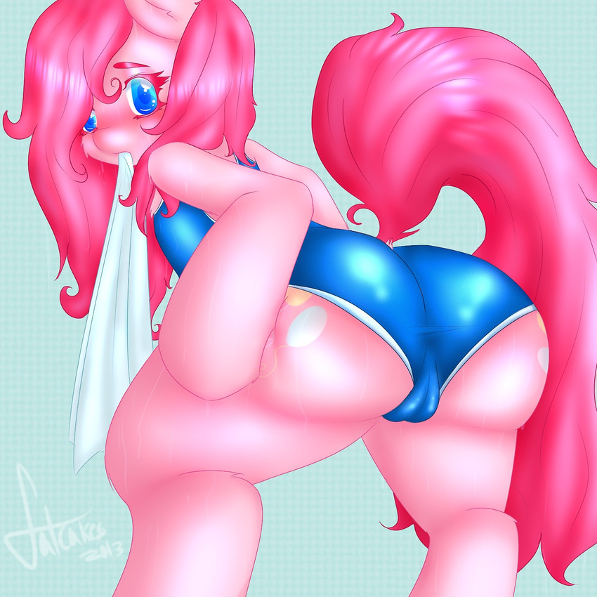 blue_eyes butt camel_toe cutie_mark equine female feral friendship_is_magic fur hair horse looking_at_viewer looking_back mammal mrfatcakes my_little_pony one-piece_swimsuit pink_fur pink_hair pinkie_pie_(mlp) pony solo swimsuit towel wet