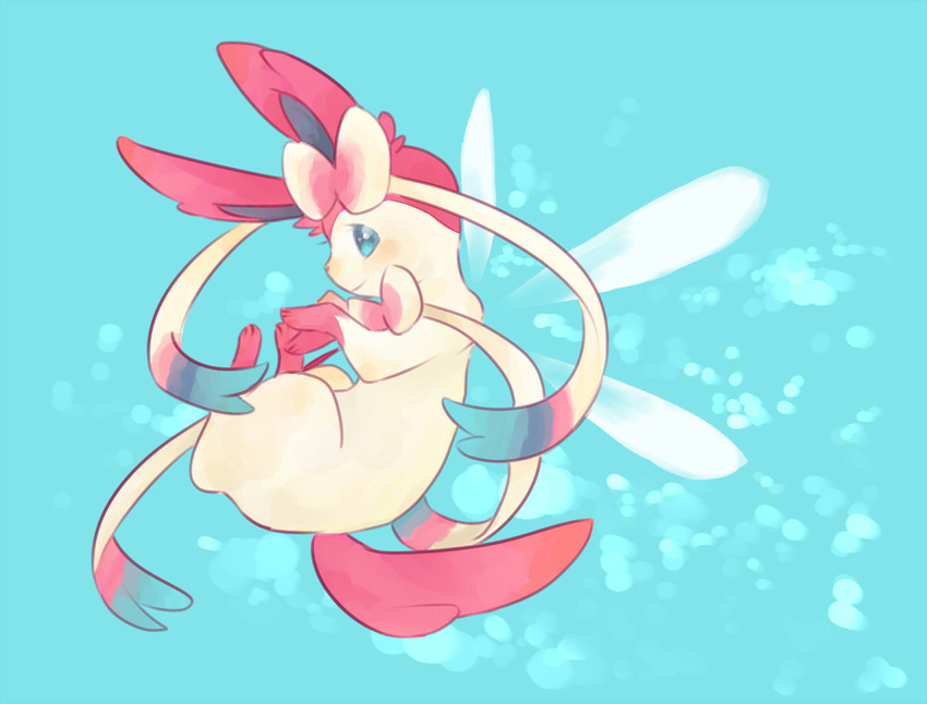 blue_eyes blush bow bowtie fairy_wings from_side full_body gen_6_pokemon no_humans pink_bow pink_neckwear pokemon pokemon_(creature) profile ribbon smile solo sylveon tail wings
