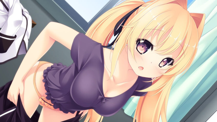 1girl blonde_hair blush breasts cleavage curtains game_cg highres kazakura koi_shiyo? large_breasts legs long_hair looking_at_viewer open_mouth orange_panties panties purple_eyes thighs twintails underwear undressing window