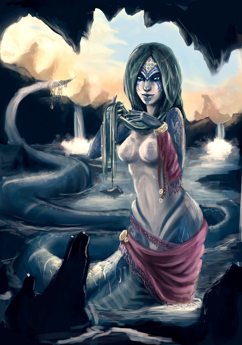 bathing breasts cave female green_eyes green_hair hair jewelry lamia looking_at_viewer monster monster_girl naga reptile scalie snake solo sunset water wet