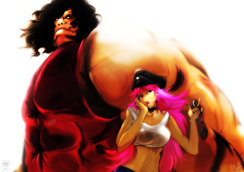 1girl black_hair blue_eyes breasts choker crop_top cuffs curly_hair final_fight hand_in_hair handcuffs hat height_difference highres hugo_andore large_breasts long_hair muscle no_pupils peaked_cap pink_hair poison_(final_fight) signature size_difference street_fighter street_fighter_iii_(series) street_fighter_x_tekken tank_top tikantz
