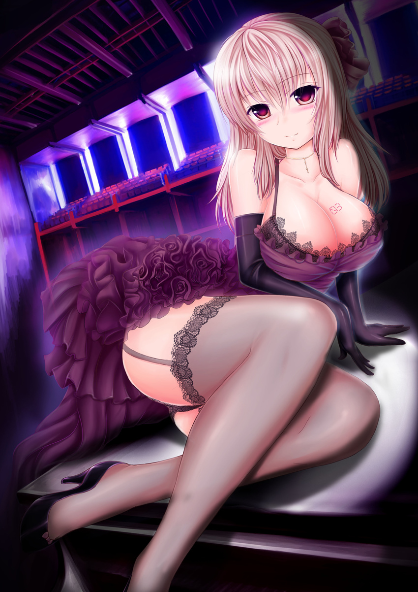 absurdres bad_id bad_pixiv_id bare_shoulders black_legwear blush bra breasts choker cleavage dress elbow_gloves garter_straps gloves high_heels highres lace lace-trimmed_panties lace-trimmed_thighhighs lace_bra large_breasts legs long_hair megurine_luka panties pink_eyes pink_hair shoes sitting smile solo strapless strapless_dress thighhighs underwear vocaloid zheyi_parker