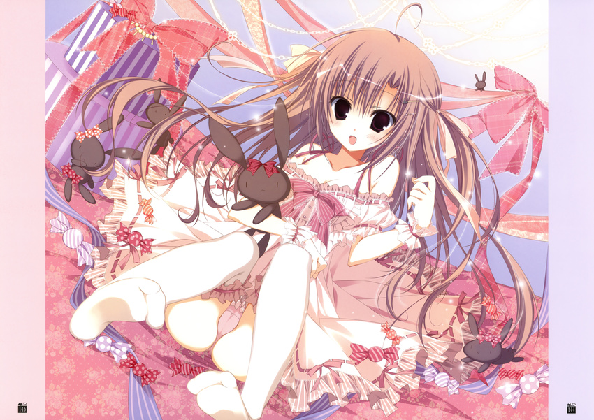 :d absurdres blush box breasts brown_eyes brown_hair bunny candy cleavage copyright_request dress dutch_angle food full_body gift gift_box highres inugami_kira knees_together_feet_apart legs looking_at_viewer medium_breasts no_shoes open_mouth panties pink_panties red_ribbon ribbon sitting smile soles striped tareme thighhighs toes underwear white_legwear |_|