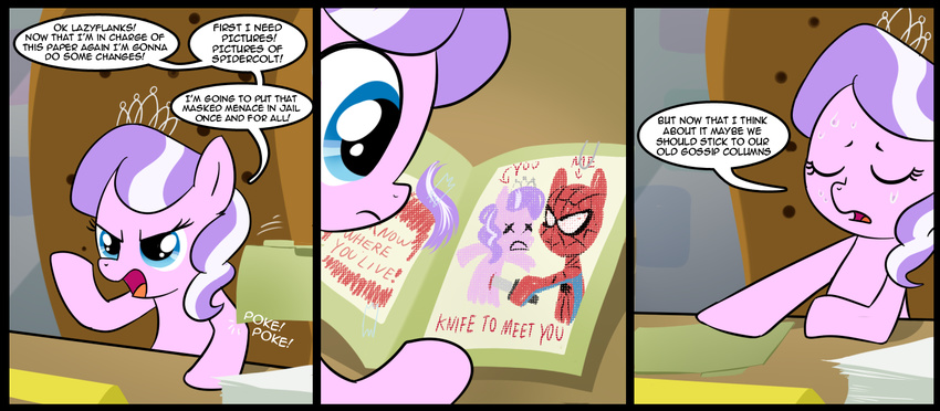 comic cub diamond_tiara_(mlp) drawing english_text equine female feral friendship_is_magic fur hair horse madmax mammal my_little_pony pink_fur pony sitting solo spider-man sweat text threat tiara two_tone_hair young