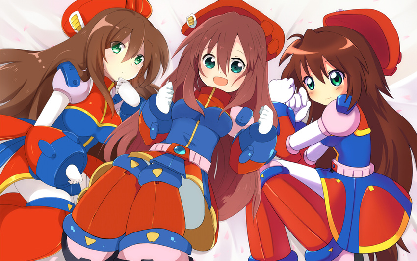 android armor bed beret boots breasts brown_hair collaboration dress green_eyes hat iris_(rockman_x) long_hair lying medium_breasts miyata_(lhr) multiple_girls multiple_persona open_mouth pantyhose rento_(rukeai) robot rockman rockman_x rockman_x4 smile tproject09 white_legwear
