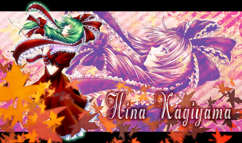 autumn_leaves bow dress frame front_ponytail green_hair hair_bow hair_ribbon hijikawa_arashi kagiyama_hina letterboxed long_hair outstretched_arm outstretched_hand puffy_sleeves red_dress red_eyes ribbon short_sleeves solo touhou wrist_ribbon zoom_layer