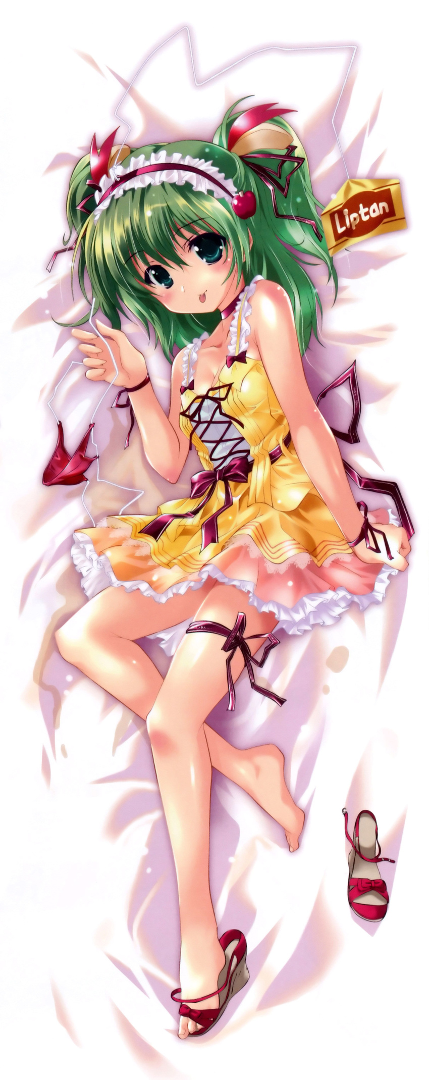 1girl :p absurdres bare_shoulders barefoot bed blush bow bracelet choker dakimakura dress feet female frilled_dress frills green_eyes green_hair hair_bow hair_ornament high_heels highres jewelry komatsu_eiji lace liptan long_hair long_image looking_at_viewer lying open_shoes shoes side_pony_tail single_shoe solo tall_image toes tongue tongue_out yellow_dress yellow_outfit
