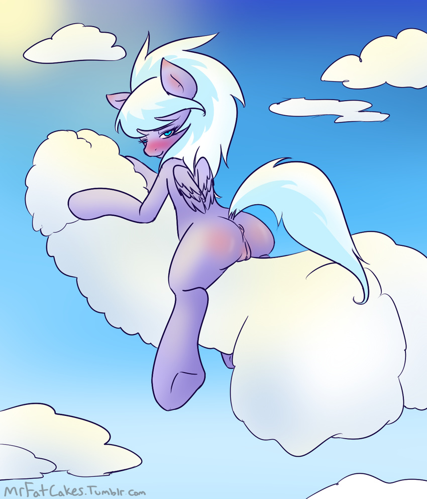 anus blue_eyes blush cloud cloud_chaser_(mlp) clouds equine female feral friendship_is_magic hair horse looking_at_viewer looking_back mammal mrfatcakes my_little_pony pegasus penis_cloud pony pussy solo two_tone_hair wings