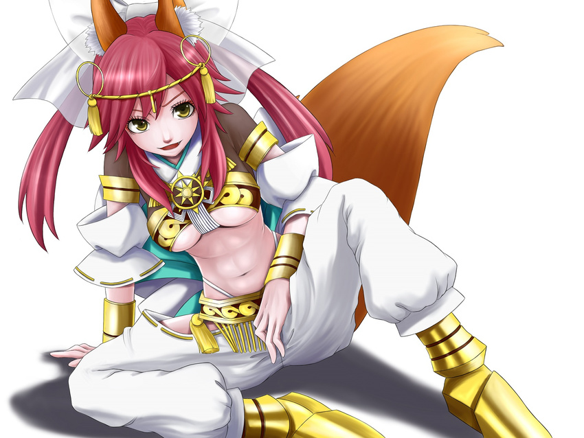 amaterasu_(fate) animal_ears bow breasts detached_sleeves fate/extra fate/extra_ccc fate_(series) fox_ears fox_tail hair_bow hair_ribbon highres medium_breasts midriff pink_hair ribbon sei15 solo tail tamamo_(fate)_(all) tamamo_no_mae_(fate) twintails underboob yellow_eyes