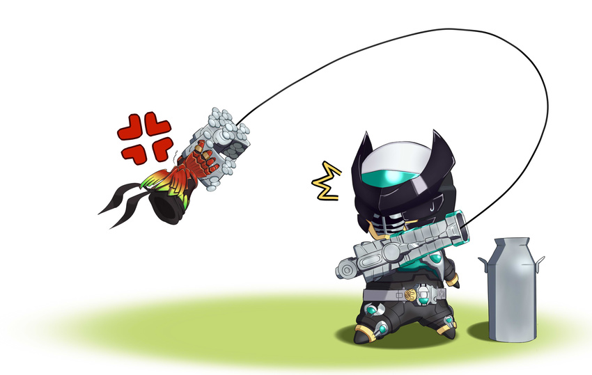 1boy ankh_(ooo) aozaku_(hatake_no_niku) belt cell_medal chibi container gashapon gauntlets highres jewelry kamen_rider kamen_rider_birth kamen_rider_ooo_(series) male_focus ring weapon wings wire