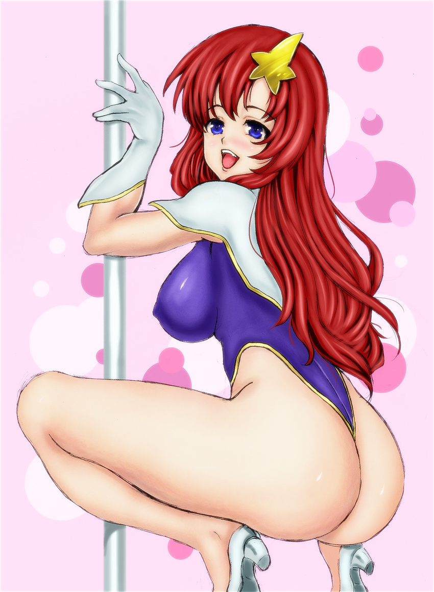:d akira_(yuibnm71) ass blue_eyes breasts covered_nipples gloves gundam gundam_seed gundam_seed_destiny hair_ornament high_heels highres large_breasts legs leotard long_hair looking_back meer_campbell open_mouth pole_dancing red_hair shoes smile squatting star star_hair_ornament thighs thong_leotard