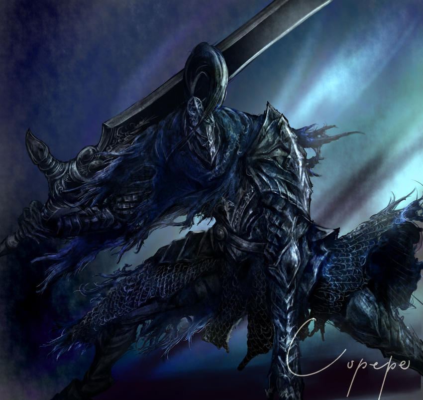 arm_support armor artorias_the_abysswalker cape copepe dark_souls full_armor gauntlets helmet highres knight over_shoulder souls_(from_software) sword sword_over_shoulder weapon weapon_over_shoulder